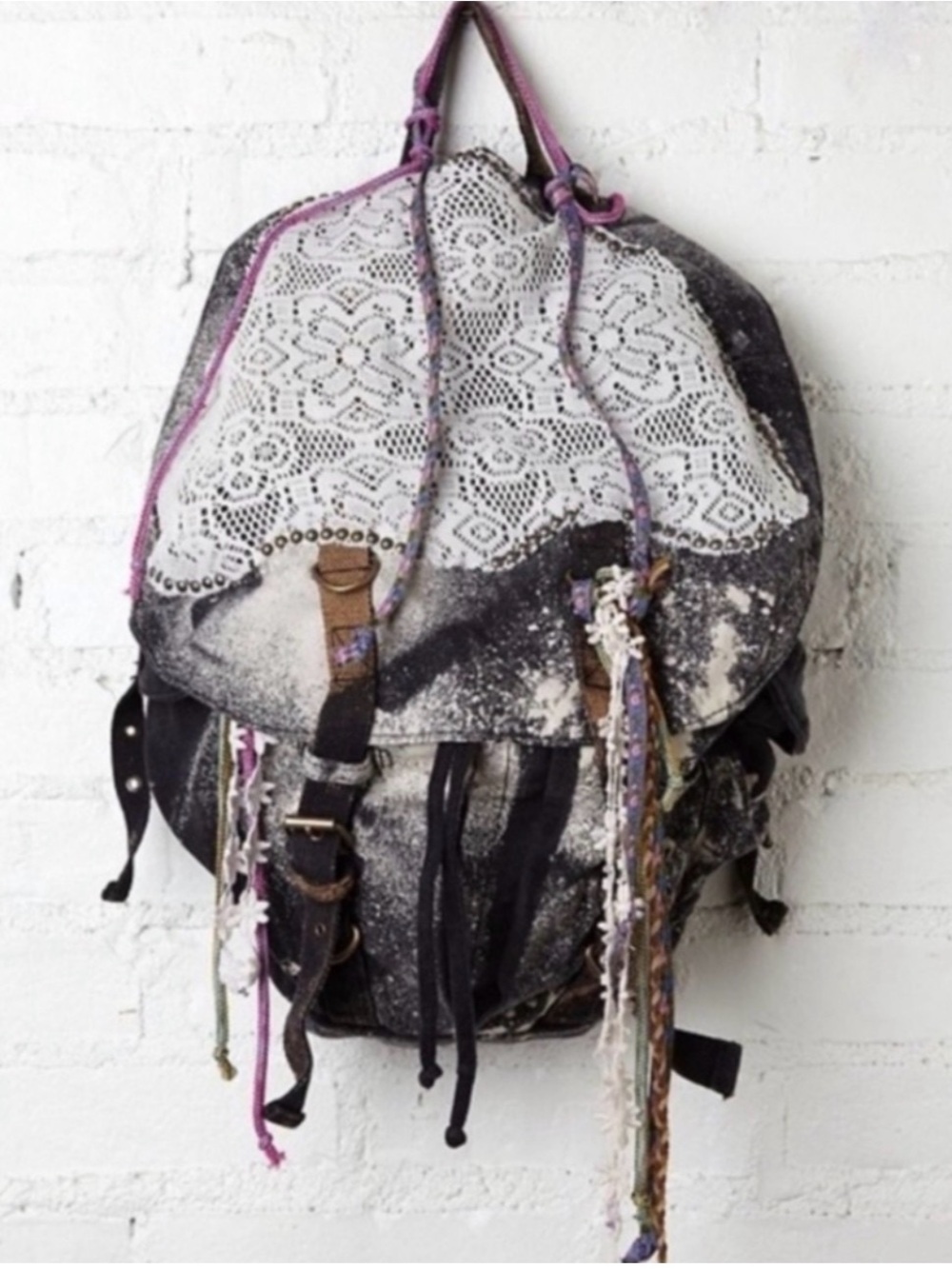 Free People Black & Cream Lace Accent Backpack with Purple Trim